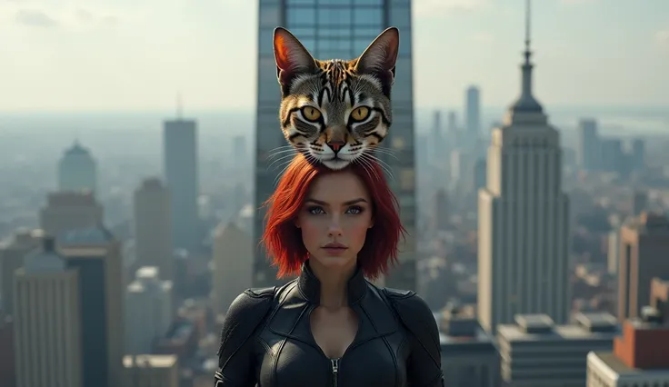 Black Widow Marvel with a cats head above the Avengers building, ultra realistic and professional images  