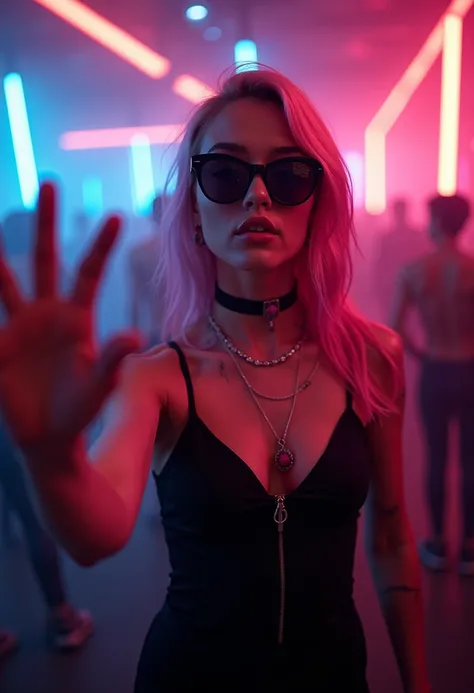 Photo of a 20 year old pinkhair woman, that has a very natural face, thin lips, thin eyes, thin eyebrows, thin nose. She takes a cute selfie with right hand in a techno club, sunglases on, black outfit, form fitting leggings and top, cute goth necklace, go...