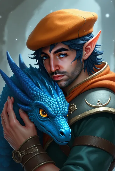 Create adult male ,  face with a marked square jaw, 33 years old,  black hair,  Blue Eyes, elf-pointed ears,  orange cap on his head ,  holding a blue dragon  