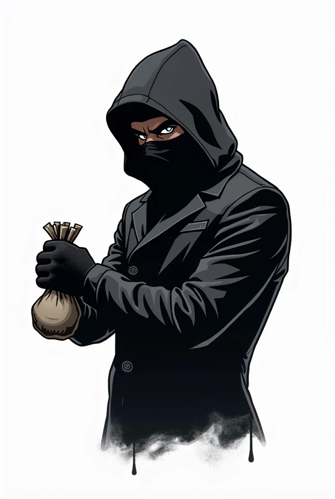 A logo of a masked thief ,  holding a pouch of money and wearing black clothes 