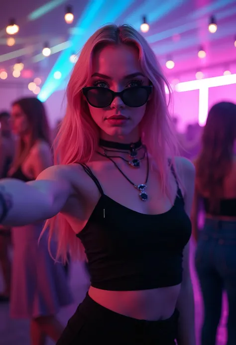 Photo of a 20 year old pinkhair woman, that has a very natural face, thin lips, thin eyes, thin eyebrows, thin nose. She takes a cute selfie with right hand in a techno club, sunglases on, black outfit, form fitting leggings and top, cute goth necklace, go...