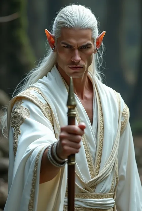  An elf with long silver hair tied in a low tail .  He is a magician and he is wearing a white dress with fine gold borders. He has a piercing in his ear and he has a Magicians Staff in his hand. He has a severe look on his face 