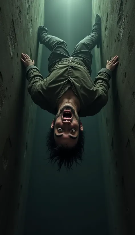 man squeezed between two walls hanging upside down, dark background, distressed, scared, frightened, focus on face 