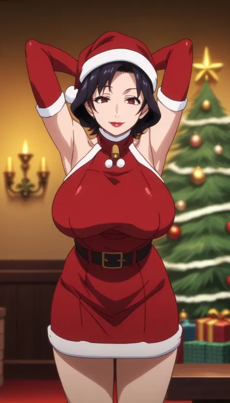 score_9, score_8_up, score_7_up, source_anime, anime screencap, 1girl, solo, mature female, short black hair, Santa costume, sleeveless, turtleneck, red costume, elbow gloves, long gloves, red gloves, indoors, lipstick, red eyes, smile, arms behind head, b...