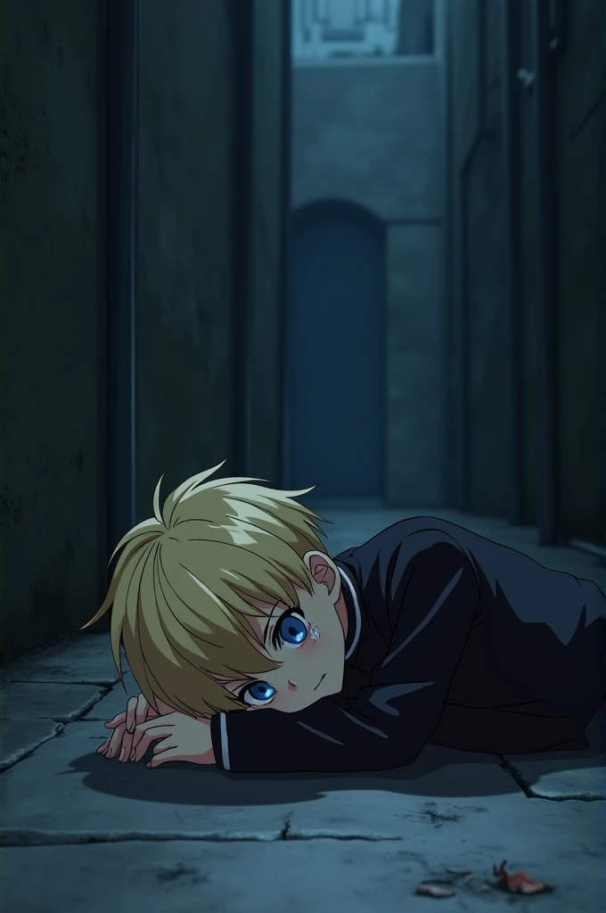 A blond haired anime boy with blue eyes in a black uniform crying in the dead end lying on the floor