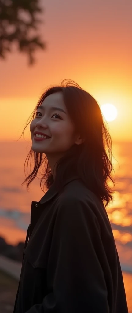 Blockbuster，Real People，Frost in the snow ，Black hair， beautiful intellectual face， autumn park seaside ，Sunset，Slightly sideways，Look up and smile， background sea，8k HD，Various angles