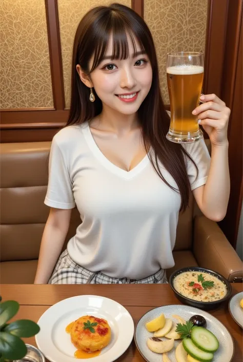 araffe woman holding a glass of beer in front of a table with food, holding beer, 2 , holding a beer!!, 2 , with a drink, 2 , drink, 2 , beer, drinking beer, 2 , 21 years old, holding a beer