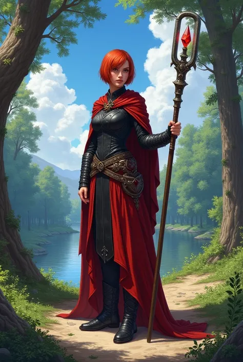 In RPG style, in style of Dungeons & Dragons, in style of fantasy painting. Full body view, looking at the viewer. Image of a female mage holding metal quarterstaff with small red crystal on top.Tight black red cloth armor, black pants, black high boots. S...