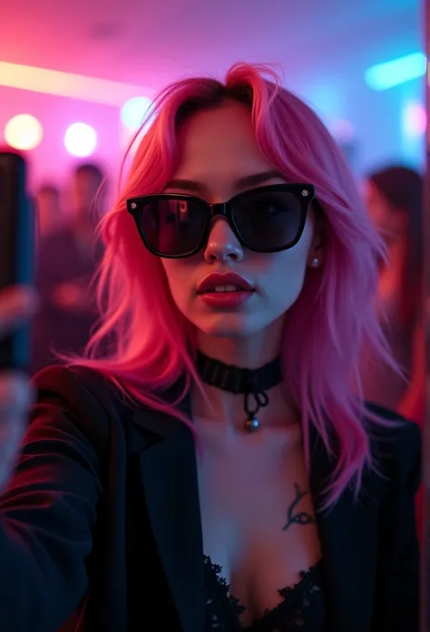 Photo of a 20 year old pinkhair woman, that has a very natural face, thin lips, thin eyes, thin eyebrows, thin nose. She takes a cute selfie with right hand in a techno club, sunglases on, black outfit, techno rave outfit, goth makeup, natural pose, lookin...