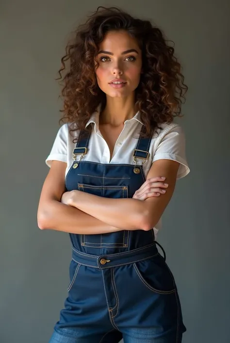 I want a 25-year-old woman ,  curly brown hair boobs,  brown eyes ,  white skin ,  wearing a plumbers jumpsuit ,  with her arms crossed and looking confident. 