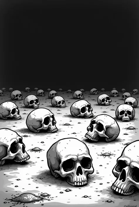 Skulls distributed randomly on a flat in the style of a black and white horror cartoon from the 90s