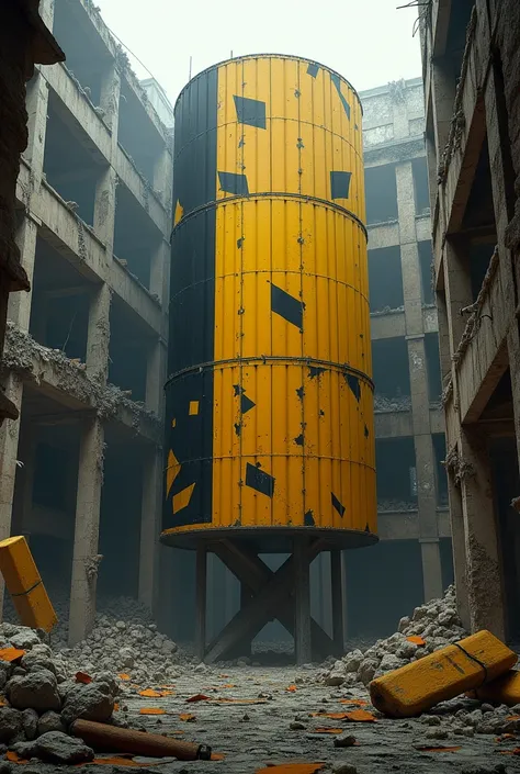 Create me a giant yellow and black container in a destroyed building 