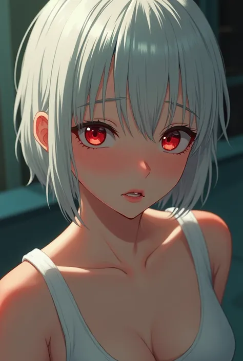  20 year old girl,  Anatomically correct, Detail,  short hair,  white hair, breasts, blush, Ojos rojos, Tears, shy,  From below,  animated, 