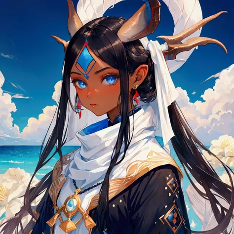 1 person, woman, black hair with white highlights, slightly tanned color skin, blue ocean eyes, antelope horns and ears , expensive clothing, serious. 