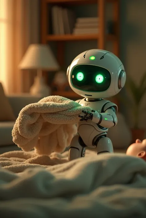 Green-eyed baby robot delivering a blanket to sleep  