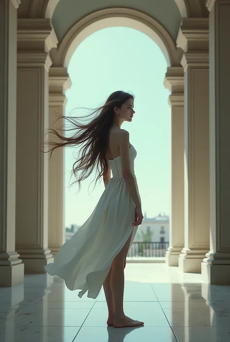 ((masterpiece)),(((bestquality))),((ultra-detailed)),1girl, solo, barefoot, standing, building, smile, floating hair, dutch angle, closed mouth, looking away, outdoors