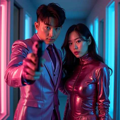 photo realistic and cinematic,  a korean man undercut hair style in purple and silver hero metalic suit. Hold shotgun with pink glowing lights LED strips and the beautiful Japanese young voluptuous woman in red and silver hero metallic suits,hold handgun w...