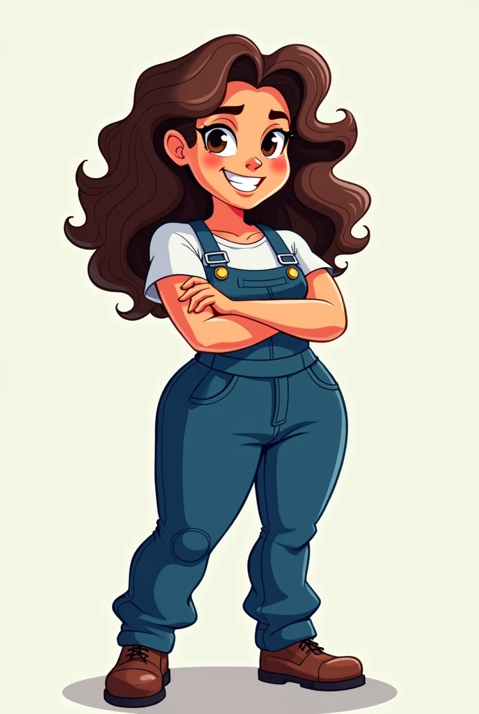 a woman,  in cartoon, 25 years old, 1,59 tall and 80 kg ,  curly brown hair boobs,  white skin ,  wearing a plumbers jumpsuit ,  with arms crossed and a confident look 