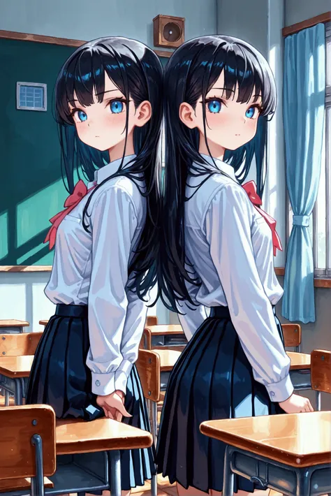 2 Girls, twins, school girl, school uniform, pleated skirt, long hair, black hair, blue eyes, human, cute, classroom, hands behind back, stoic, looking at viewer, master piece, best quality, sharp lines, 8k, 8k Ultra HD,