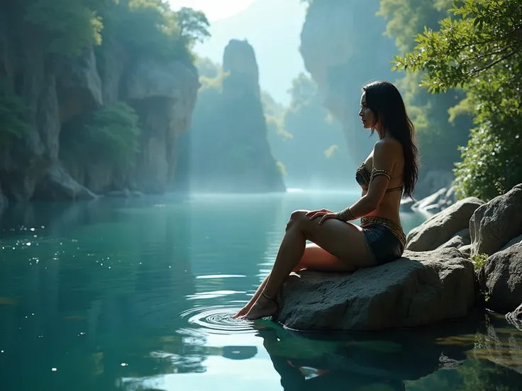  A serene lake in a futuristic fantasy environment , featuring Gal Gadot sitting on a rock showing her charms and with an erotic look, passionate and sexual .  The scene is enchanting and realistic , with ethereal lighting and lush surroundings , showing a...