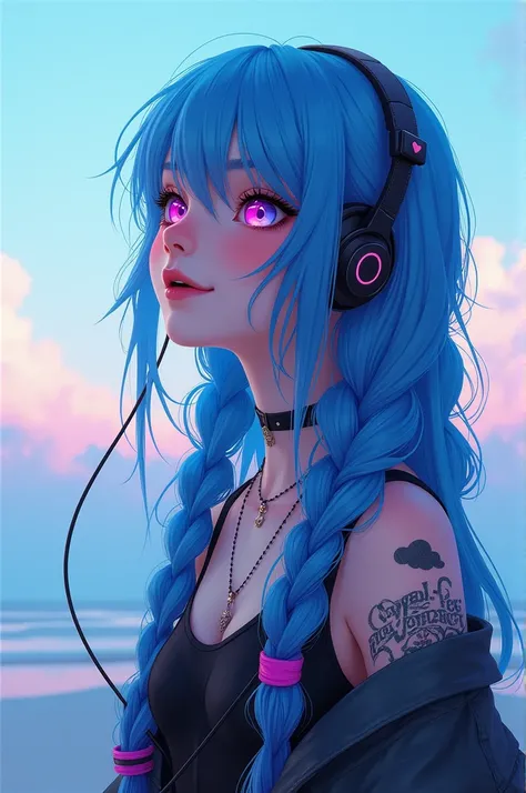 Blue-haired teenager with long braids ,  pink purple eyes and simple cloud tattoo with no detail ,  listening to music dressed in punk-style clothing and full body looking at the horizon and smiling