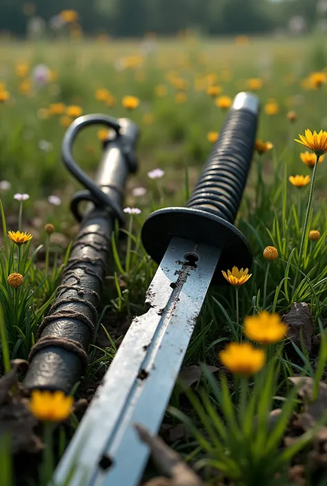 A beautiful japanese katana with a tattered and broken blade lies amidst the flowers of a beautiful spring meadow, and beside it is the skeleton of a samurai, the remnants of a war that took place long ago.focus on katana.The country is broken, the mountai...