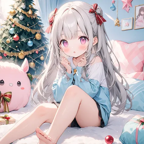  Yukiko Aikina, （ high definition ：1.4）, （8k）, （16k）, （ Super Resolution：1.4）, （Anatomical precision：1.3）, Beautiful silvery white hair, （Adult Half Twin Hairstyle ）, （ girl：1.3）、Teenage beauty、Pale pink eyes、（loose fit：1.5）、（かわいいサンタクロースのコスチュームを着た girl：1.5...