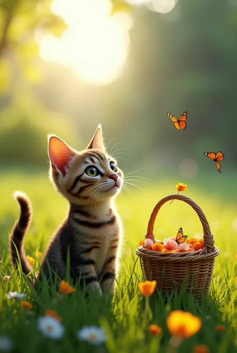 Sentence: One sunny morning, as the wind blew softly, Whiskers spotted a floating basket on the grass near the garden.
Prompt: "A bright sunny morning in a lush green garden. A curious tabby cat with wide eyes stares at a strange wicker floating basket sit...