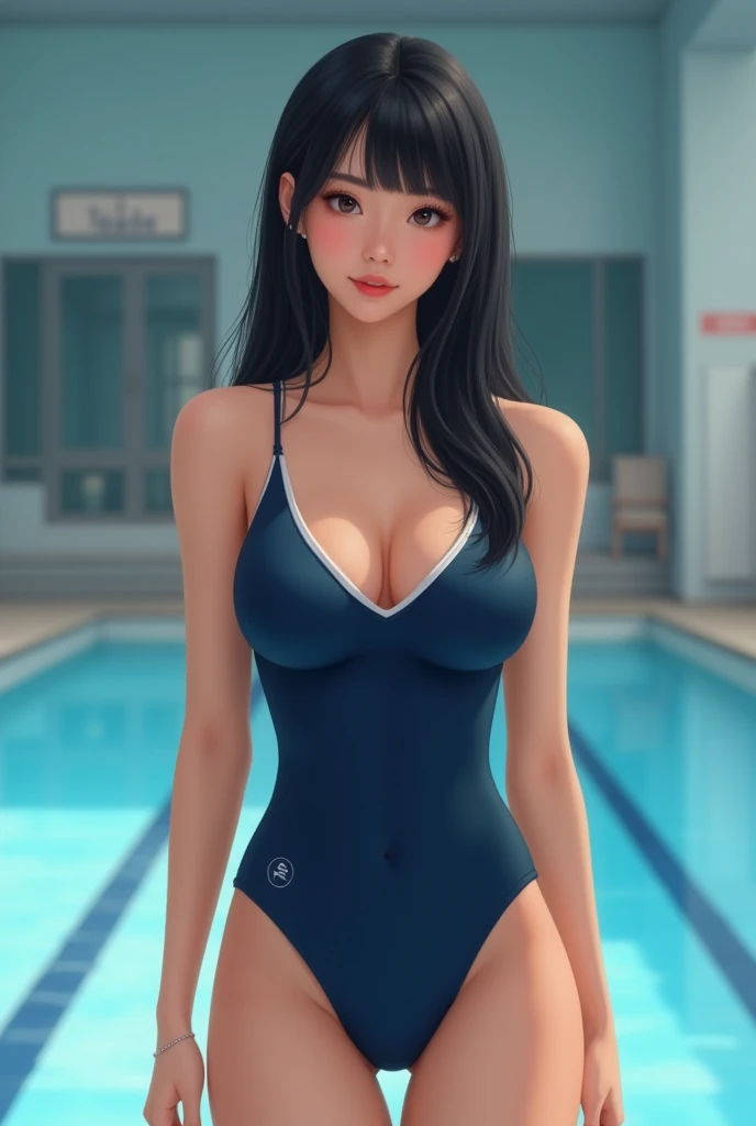 Adult and Mature Chinese Woman 30 year old 
Black Hair   
Long straight with Bangs Hairstyles 
Average Body
Medium Size Teardrop Shaped Breast
Big Hip 
180 Height 
Swimsuit Dark Blue Normaly One-Piece 
Background Swimming Training Hall 
Full Body Image
