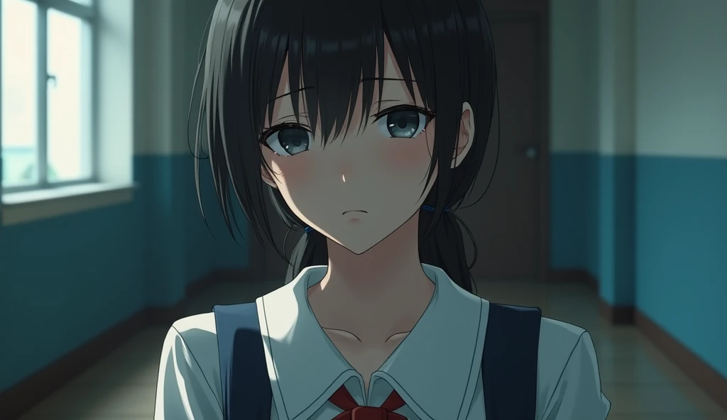 beautiful Japanese girl wearing a high school uniform with a sad expression