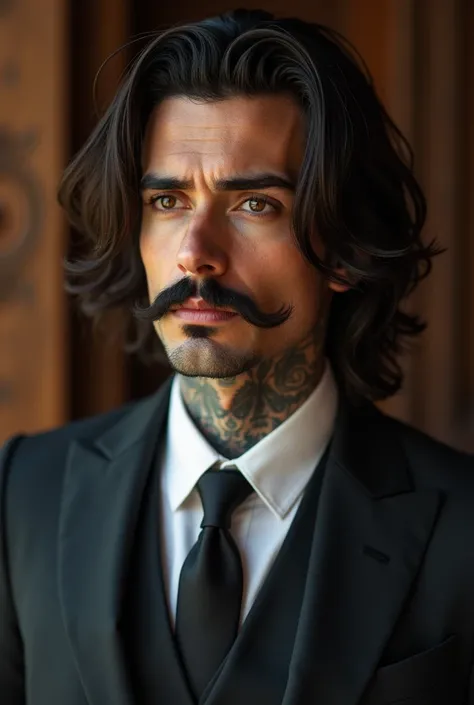 male with slightly tanned skin, brown almost black hair, bread and mustache and has a mafia vibes to him with neck tattoos with piercing dark eyes and prominant lashes with dilf vibes and slightly long hair that radiates dominance. in a suit and in his 30s