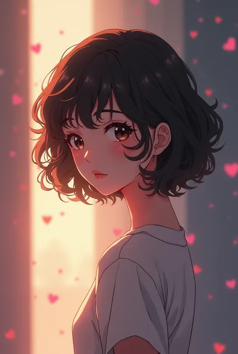 A brunette anime teenager, s,  short curly hair , 1.72 tall, romantic, Hate lies ,  overprotective and suspicious