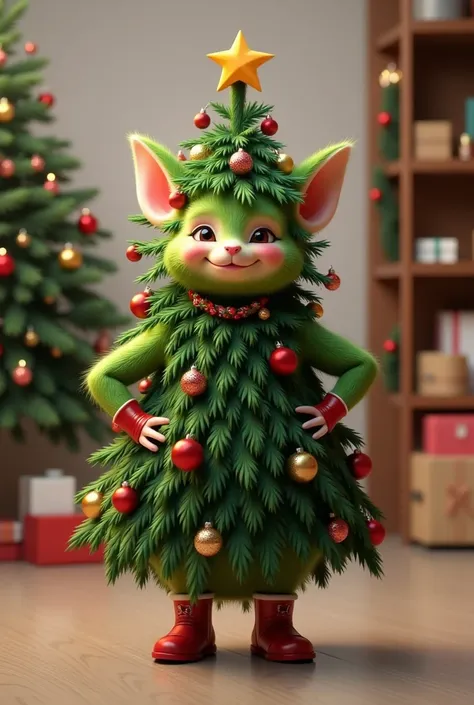 photorealistic portrait of fat chibi  green creature wearing Christmas tree costume,spirit of Christmas tree,(Art by Peter Mohrbacher:1.2),(Christmas theme),(cute),(happy smile:1.2), (elegant),(hands on hips:1.5), high quality,(lovely) ,(highly detailed Ch...