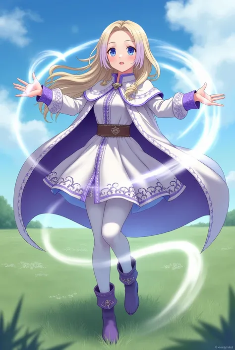 (anime) A teenage girl ,  with blond hair with lilac tips ,  Blue Eyes, wearing medieval clothes,  that are a white dress with purple details ,  white pantyhose , purple boot ,  a white cape with the underside painted purple ,  on a field and using your ha...