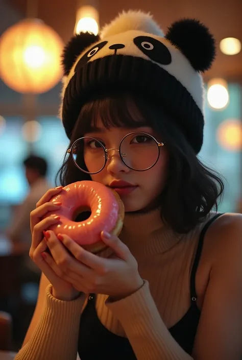 Chiaroscuro Highly realistic, photorealistic, life-like, epic perspective, dramatic lighting and shadows, aesthetically pleasing cinematic composition, 8k hd, there is a sexy and alluring adorably cute woman that is holding a doughnut in a restaurant, wear...