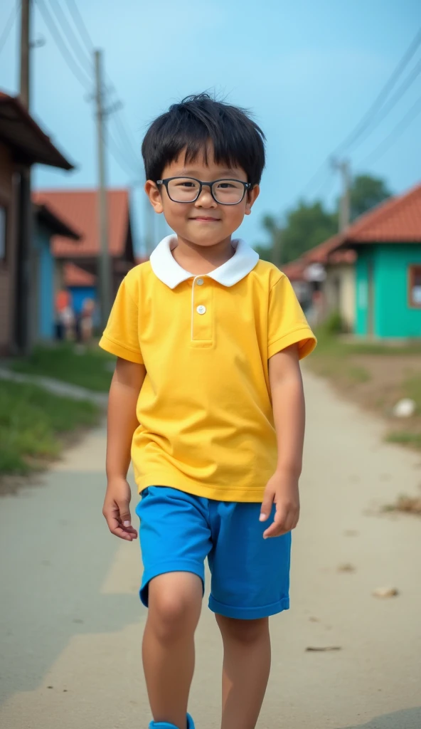 closeup portrait of a handsome boy, wearing a plain yellow shirt with a white collar, blue shorts, blue shoes, clear round glasses, short black hair, he cosplays like Nobita in the Doraemon cartoon. He poses looking at the camera in the background, streets...