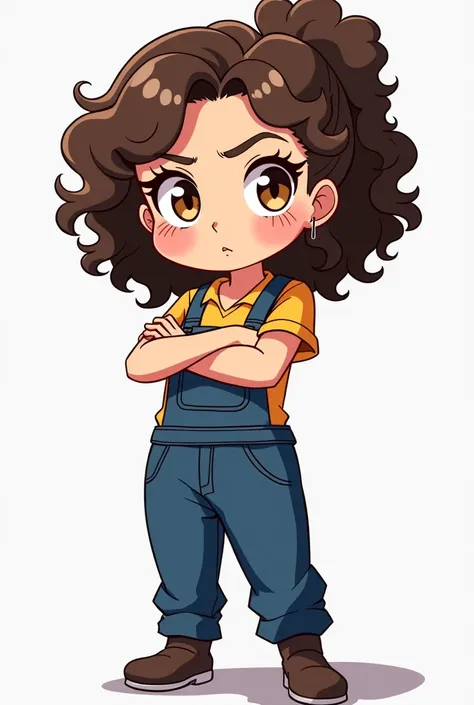 a woman, In anime style Chibi , 25 years old,  curly brown hair ,  brown eyes , chubby,  wearing a plumbers jumpsuit ,  with arms crossed and a challenging look 