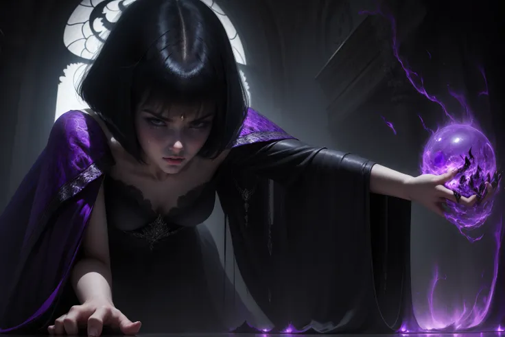 she has short hair, flowing raven-black hair (bangs) and pale, almost ethereal skin. Her eyes are a deep violet, giving her an otherworldly appearance. She dresses in flowing robes of dark purple and black, often adorned with symbols of the occult. angry f...