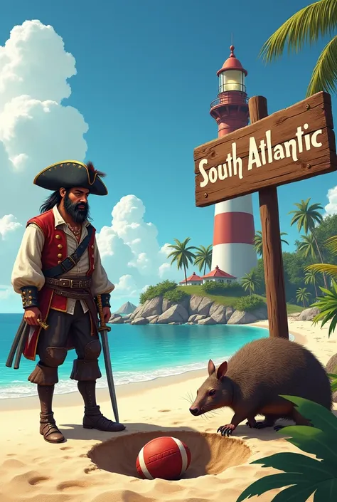 A beach with a lighthouse , A sign saying "South Atlantic ", a Rugby ball and an adult pirate and a Tatu-Mulita digging a hole