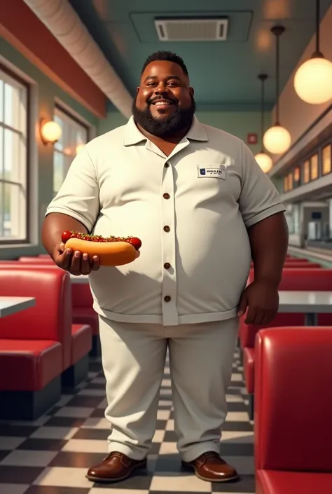  Create a fat black man dressed in a uniform diner, with a hot dog under his arm .