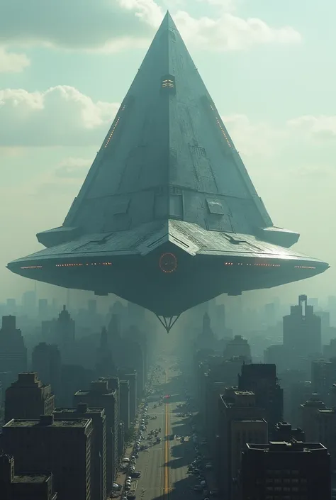 A gigantic triangular-shaped alien ship hovering over New Jersey City at a landmark. 