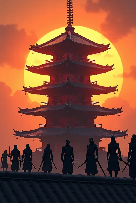 There are many ninjas standing on the five-story pagoda at sunset