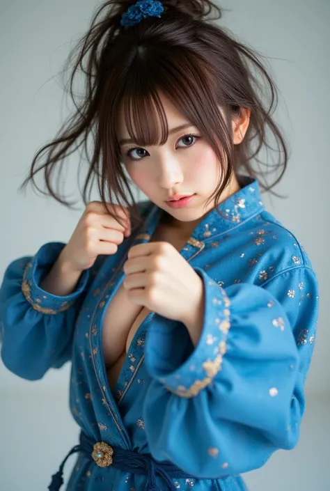 Chun-Li from Street Fight II,perfect chun li costume,Blue cheongsam with gold lines,Bun head,bun cover,fighting pose,masterpiece、1 beautiful girl、fine eyes、puffy eyes、highest quality, 超High resolution, (reality: 1.4), movie lighting、Japanese、asian beauty、K...