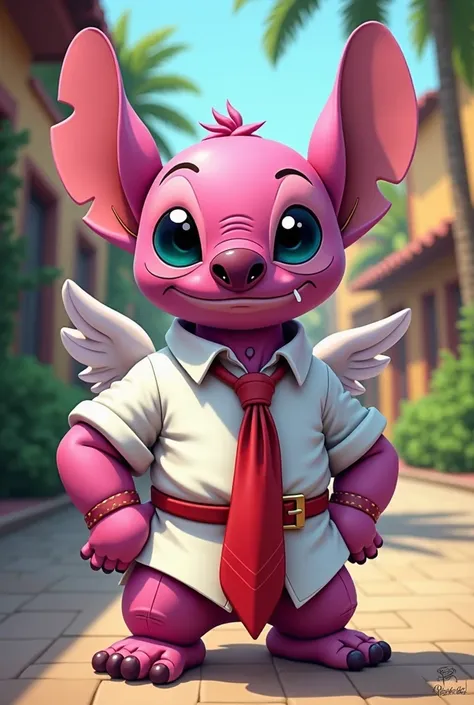  The pink Angel character from Lilo and Stich,  wearing the Mia Colucci Rebeldes uniform and the shirt tied around the waist, Remember the red tie and the black pleated skirt.