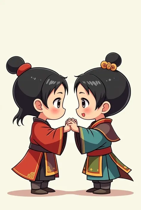 "Three cute chibi characters of Liu Bei, Guan Yu, and Zhang Fei from Three Kingdoms era forming a hand-holding circle from side view, Liu Bei holding Guan Yus right hand with his left hand, simultaneously holding Zhang Feis left hand with his right hand. G...