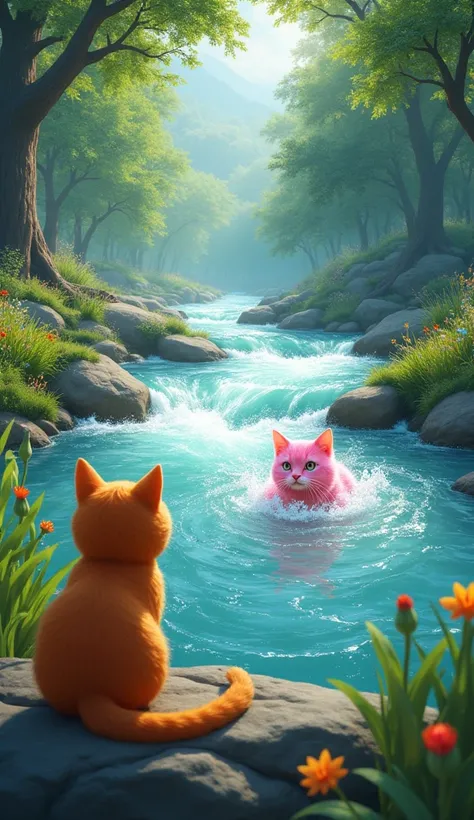 The orange cat was watching the pink cat swimming in the rushing river 