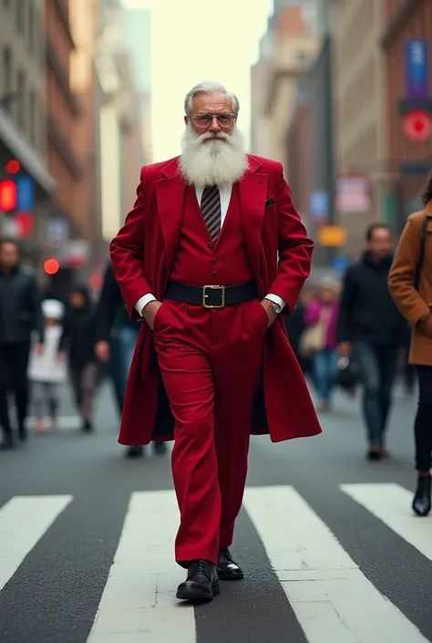 A millionaire well dressed Santa was walk into the full traffic zebra crossing. Peoples watching him.