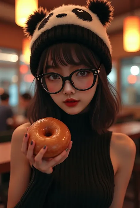 Chiaroscuro Highly realistic, photorealistic, life-like, epic perspective, dramatic lighting and shadows, aesthetically pleasing cinematic composition, 8k hd, there is a sexy and alluring adorably cute woman that is holding a doughnut in a restaurant, wear...