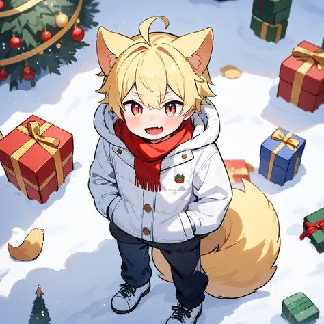 （masterpiece：1.2，high quality），8k，High resolution，A seven-year-old boy，cute boy，blonde hair，short hair，light red eyes，slit pupils， ahoge，cat ears，laughing， skin fang，Wearing a white coat，scarf，Dark blue pants，Christmas ，Christmas tree，Gift，primary school s...