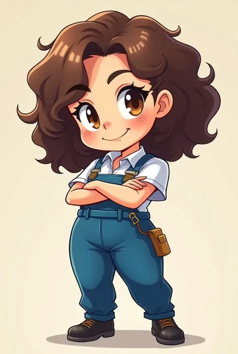 a woman,  chibi anime style, with 25 ,  curly brown hair boobs,  brown eyes , white, chubby,  wearing a plumbers jumpsuit , arms crossed and a challenging look  ( raised eyebrow and thought-provoking smile) 